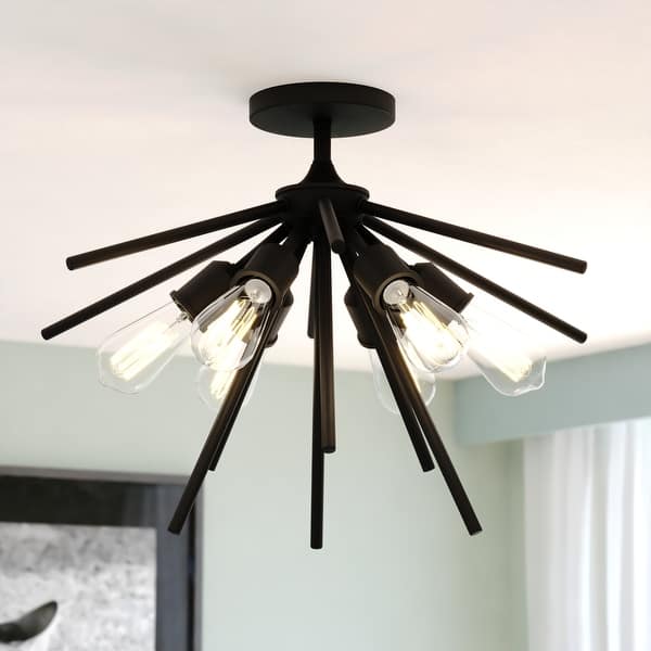 slide 2 of 13, Estelle 24-in W Mid-Century Modern Sputnik Semi Flush Mount Ceiling Light - 24-in W x 14.5-in H x 24-in D Matte Black - 24-in W x 14.5-in H x 24-in D