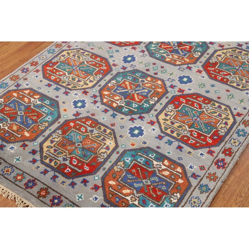 Geometric Kazak Oriental Rug Hand-Knotted Wool Carpet - 3'11" x 5'9"