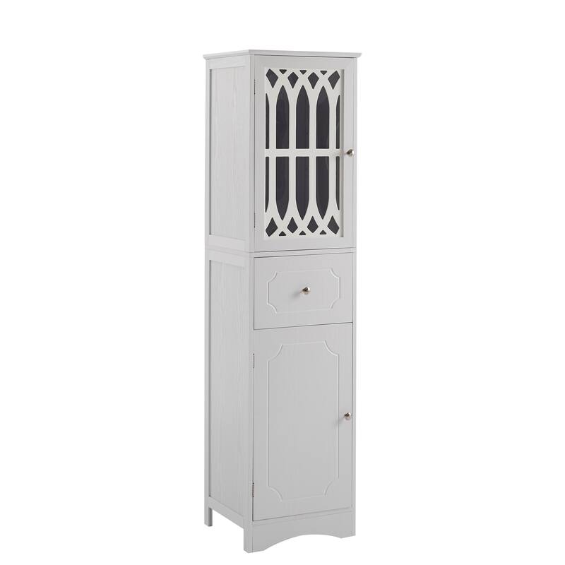 Freestanding Adjustable Storage Cabinet with Metal Knobs, Acrylic Panel Door Cabinet, Groove Pattern Drawer and Door Cabinet
