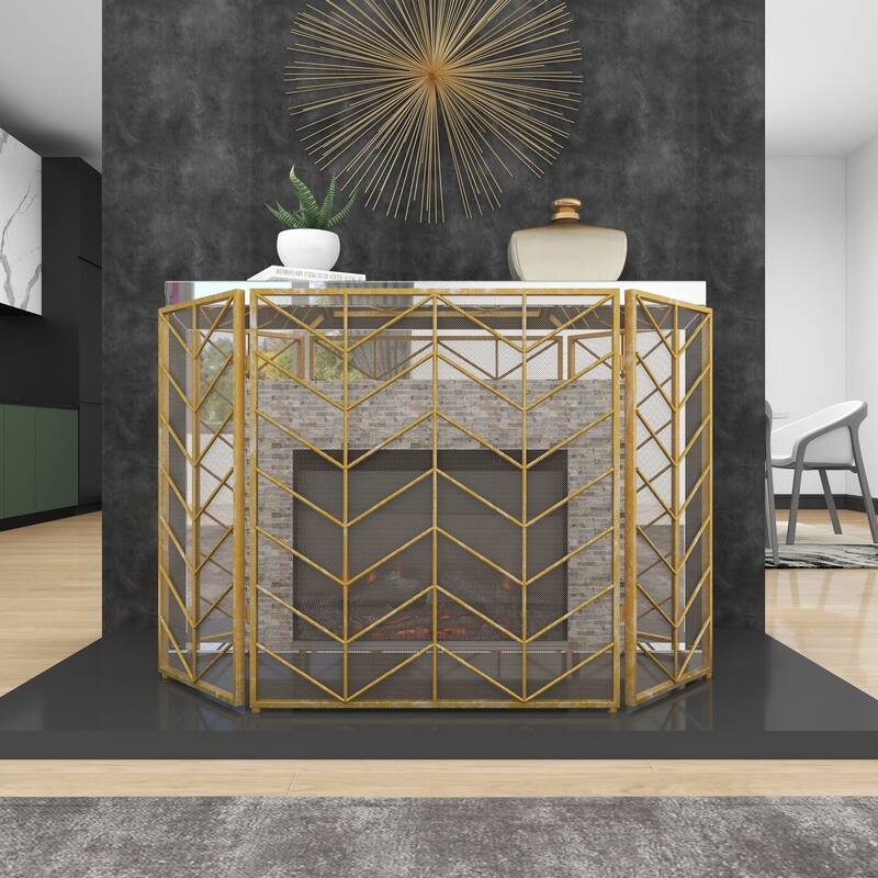Gold Metal Foldable Mesh Netting 3 Panel Geometric Fireplace Screen with Chevron Pattern