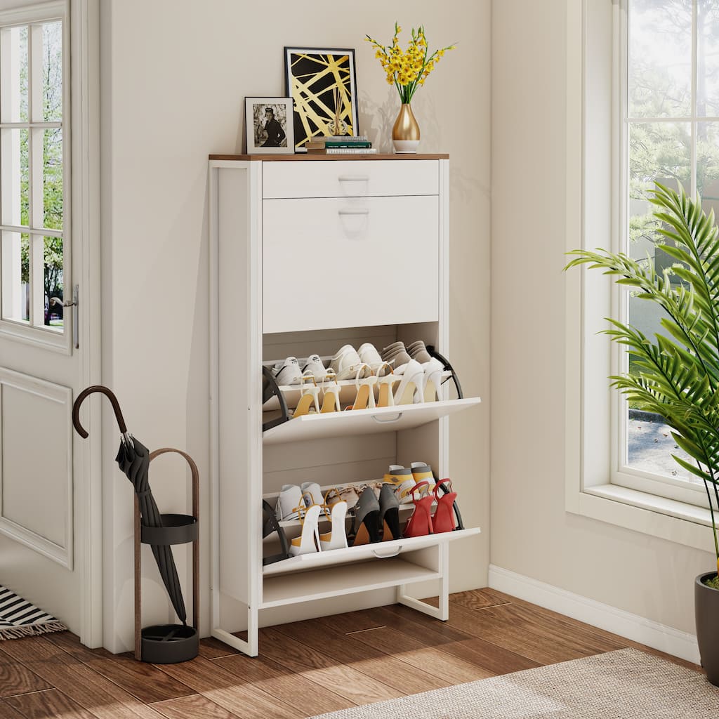 Hidden Wood Shoe Storage Cabinet, Narrow Shoe Cabinet with Drawers, 3-Tier 15 Pair Shoe Rack for Hallway, Entryway