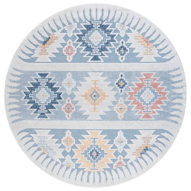 SAFAVIEH Sarasota Yukari Indoor/ Outdoor Waterproof Patio Backyard Rug - 6'7" Round - Light Blue/Grey