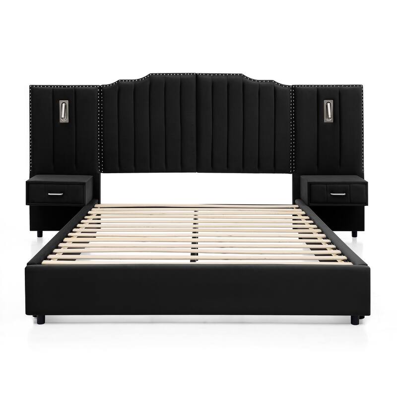 Upholstered Bed, Vertical Stripe Buttons Design Wingback Bed Frame, Velvet Fabric Platform Bed with Bedside Table