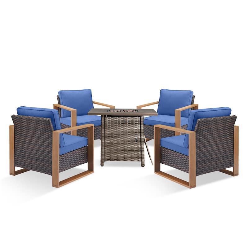 Pocassy 5 Pieces Outdoor All-Weather Chair with Fire Table Set