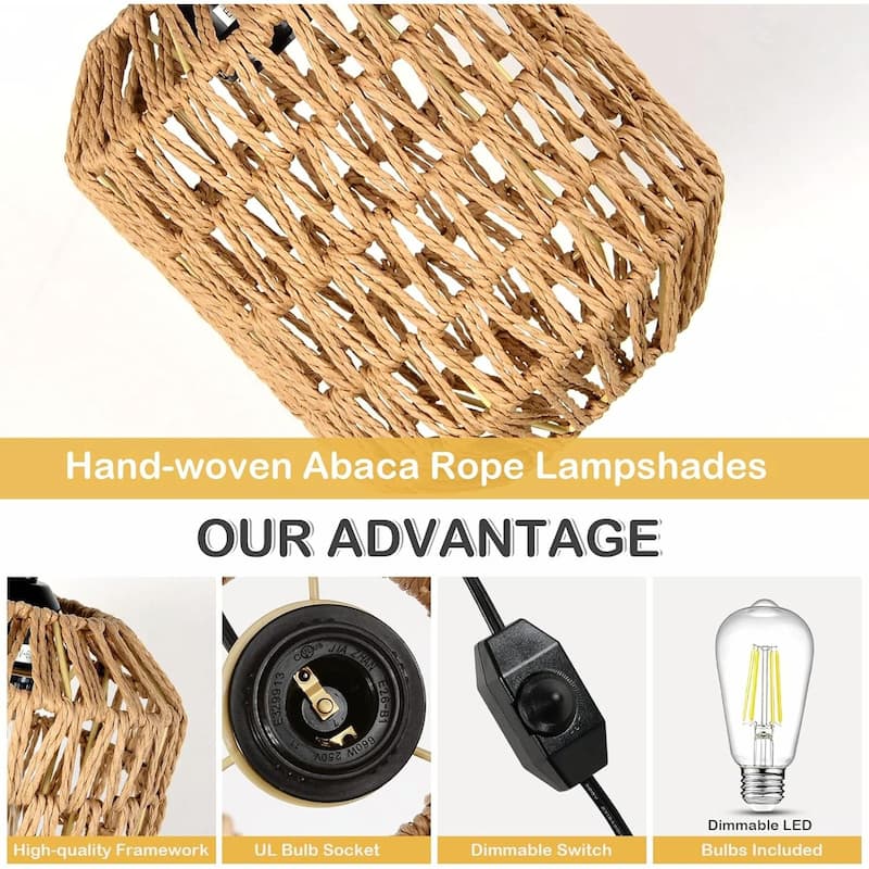 Hand-Woven Rattan Pendant Light - Includes Dimmable LED Bulb, 16ft Cord