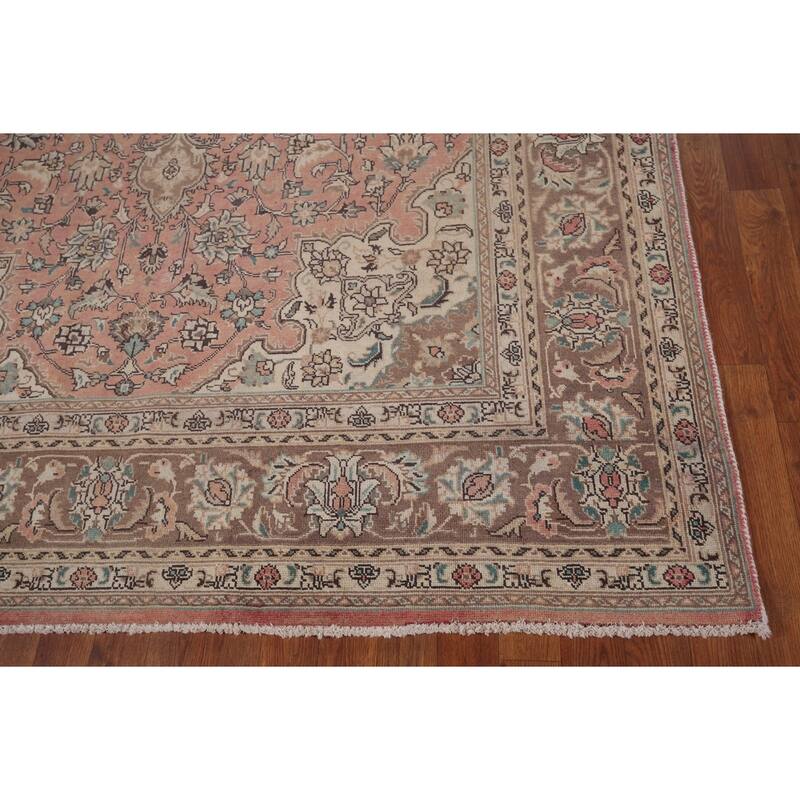 Pink Tabriz Vintage Persian Rug Hand-Knotted Traditional Wool Carpet - 6'6" x 9'11"