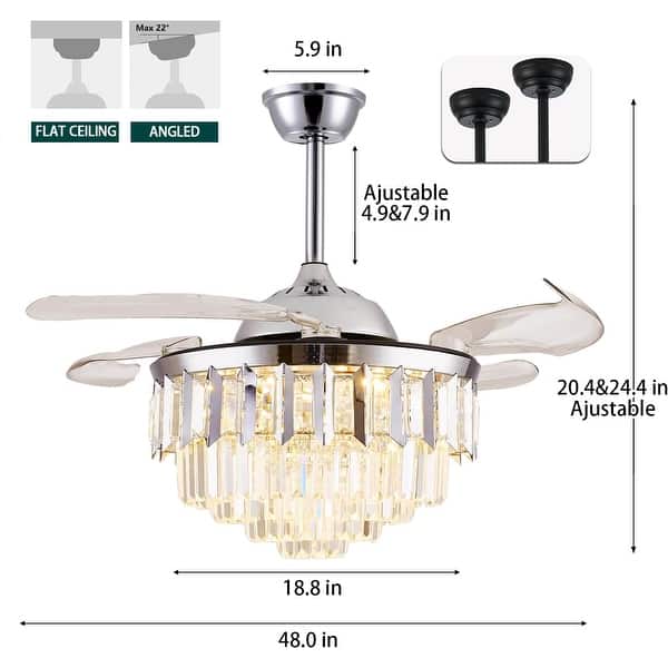 dimension image slide 2 of 3, 48" Crystal Fandelier Ceiling Fan with Light and Remote Retractable Blades LED Dimmable for Bedroom Living Room Dining Room