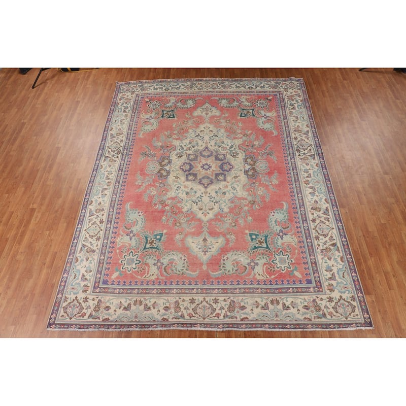 Distressed Tabriz Vintage Area Rug Handmade Wool Carpet - 9'8" x 12'8"