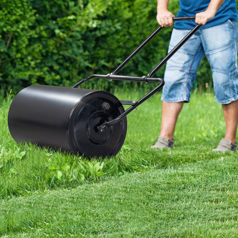 Black 10 Gallon Steel Lawn Roller with U-Handle for Even Grass and Sod Flattening - (19 x 12.6 x 43)" (L x D x H)