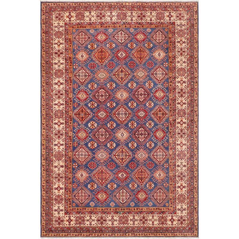 Southwestern Super Kazak Ari Blue/Beige Hand Knotted Wool Rug - 9'1'' x 12'7''