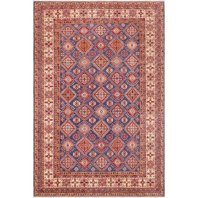 Southwestern Super Kazak Ari Blue/Beige Hand Knotted Wool Rug - 9'1'' x 12'7''