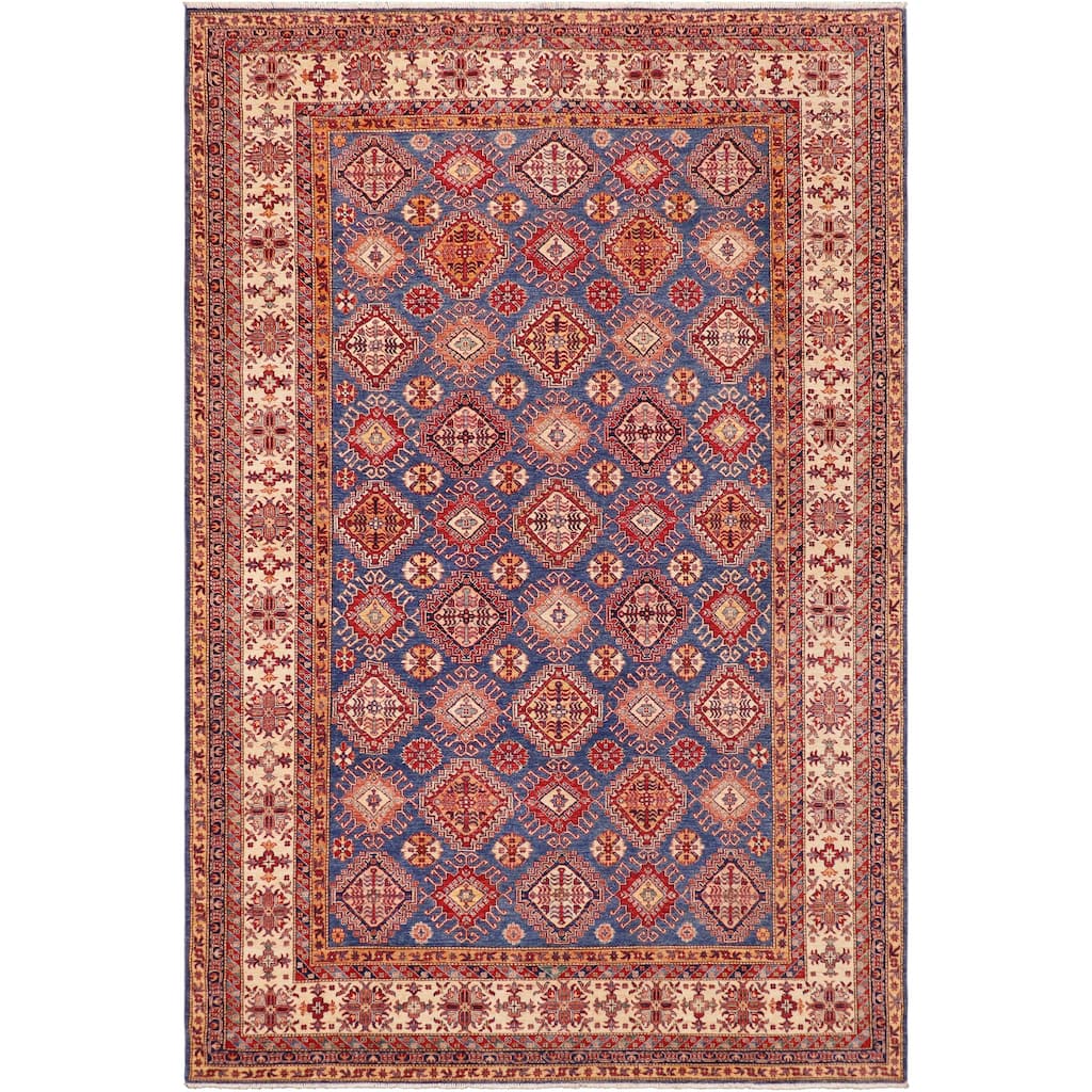 Southwestern Super Kazak Ari Blue/Beige Hand Knotted Wool Rug - 9'1'' x 12'7''