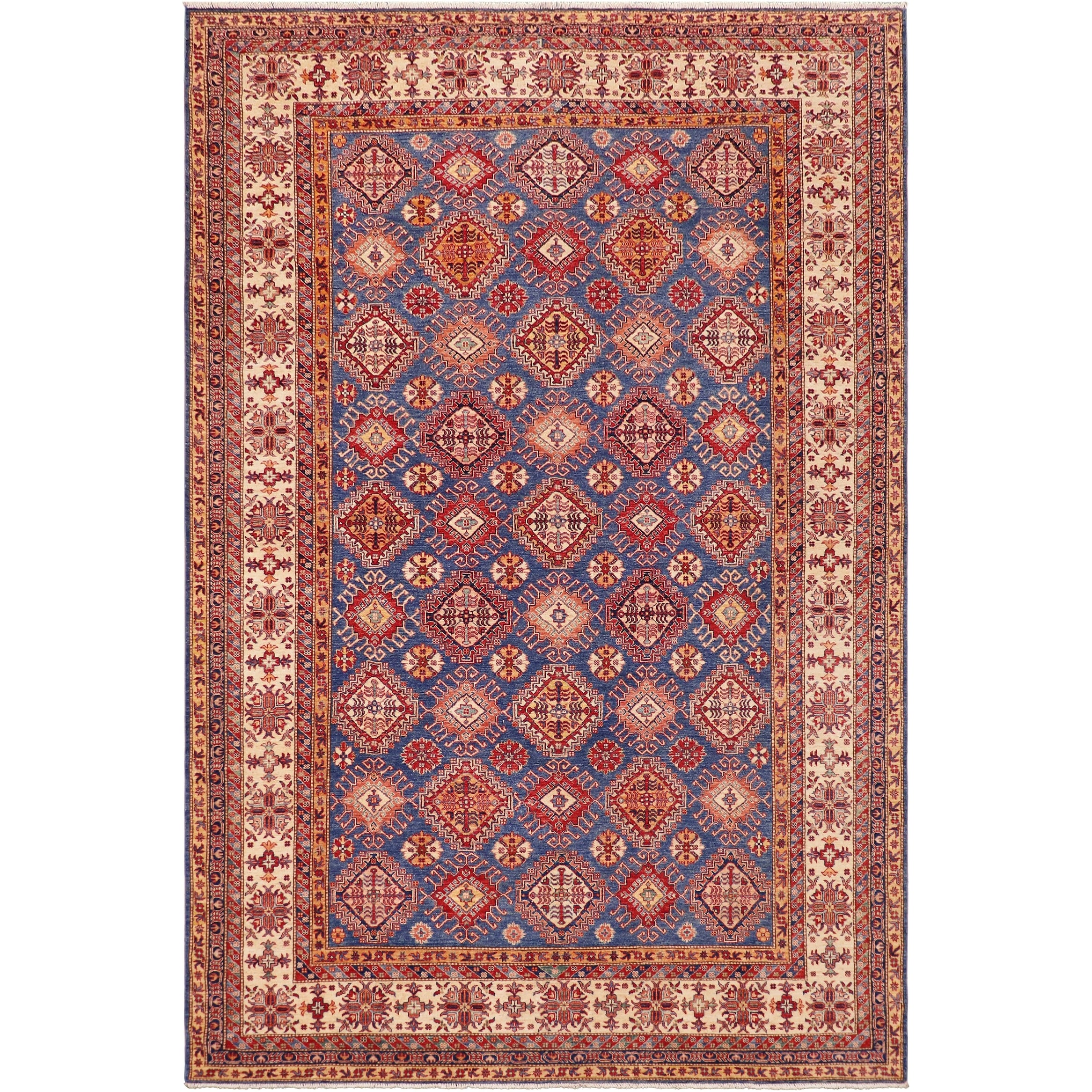 Southwestern Super Kazak Ari Blue/Beige Hand Knotted Wool Rug - 9'1'' x 12'7''