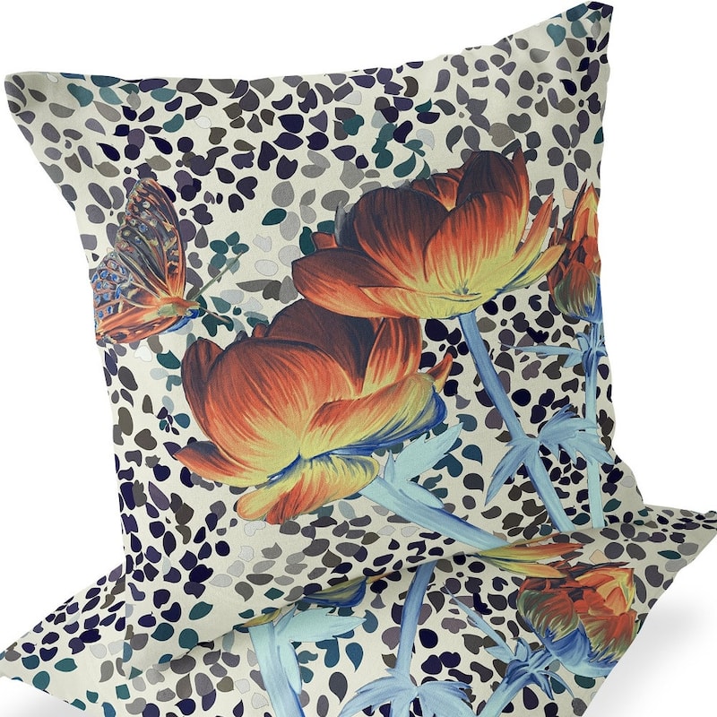 HomeRoots Set of Two 16" X 16" Blue and Orange Butterfly Blown Seam Floral Indoor Outdoor Throw Pillow