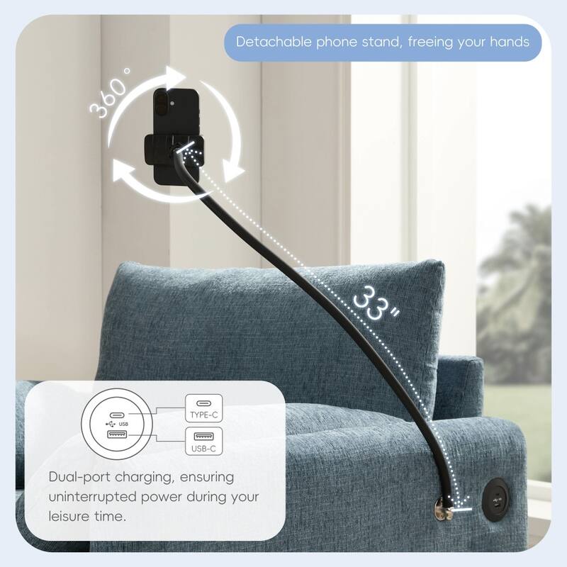 38" Chenille Single Sofa with Storage Ottoman, USB Charger, Side Storage Pockets, Pillow-like Armrests