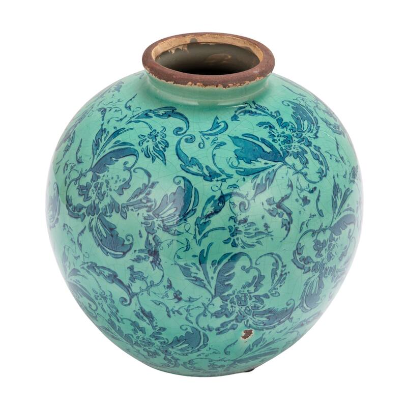Decorative Terra-cotta Vase with Transferware Pattern - Aqua Blue - 7.88"L x 7.88"W x 7.88"H