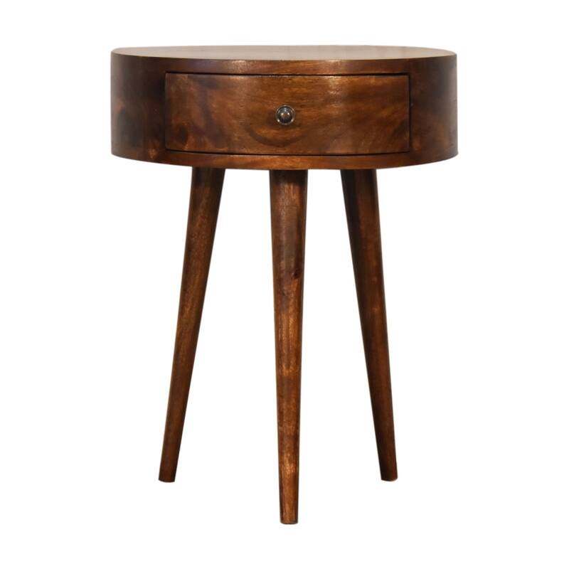 Solid Wood Semi Circle Nightstand with Drawer, Dark Brown