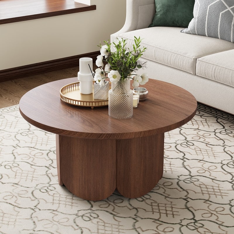 Mid-Century Modern 31" Round Side Table - Sculpted Petal Base, Smooth Faux Wood Finish - Wood