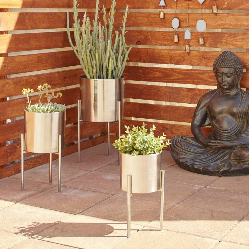 Metal Indoor Outdoor Planter with Removable Stand - Set of 3 Gold, Silver, Black, White, Teal, Yellow - Roche River Decor