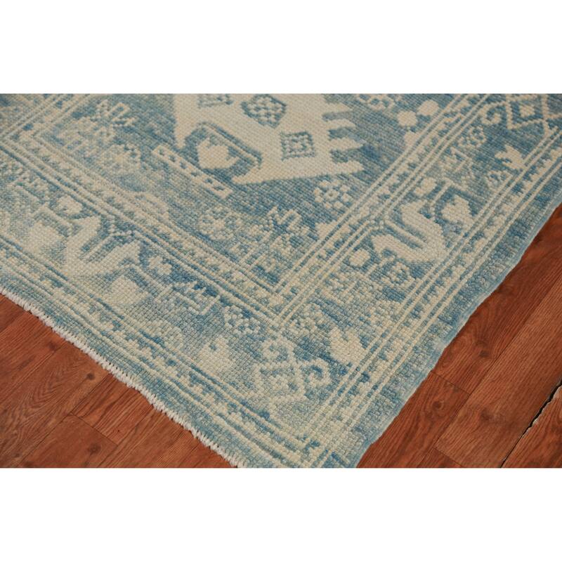 Hand Knotted Oriental 100% Wool Carpet Transitional Geometric Navy Blue & Blues Oushak Runner Rug - 14' 2'' X 3' 1''