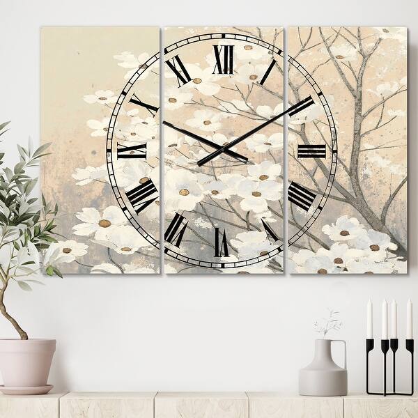 slide 2 of 6, Porch & Den 'Brown onn Grey Blossoms' 3-panel Metal Clock - 36 in. wide x 28 in. high - 3 panels