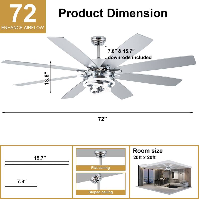 Cusp Barn 52"/72" Modern Large Dimmable LED Ceiling Fan with Lights and Remote, Reversible 8-Blade DC Motor DIY Shape Chandelier