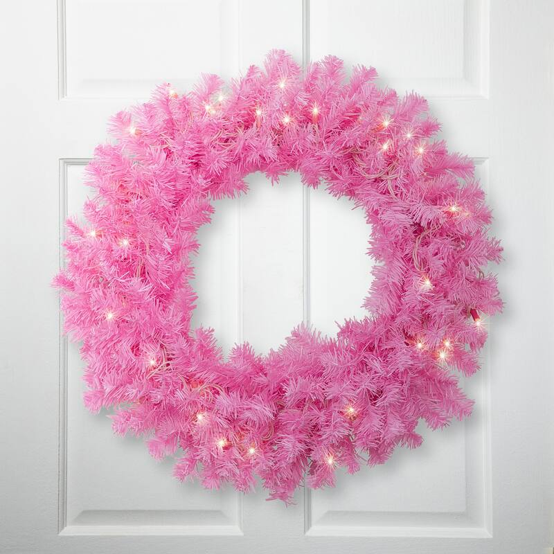 Pre-Lit Artificial Pine Christmas Wreath - 24" - Pink- Clear Lights