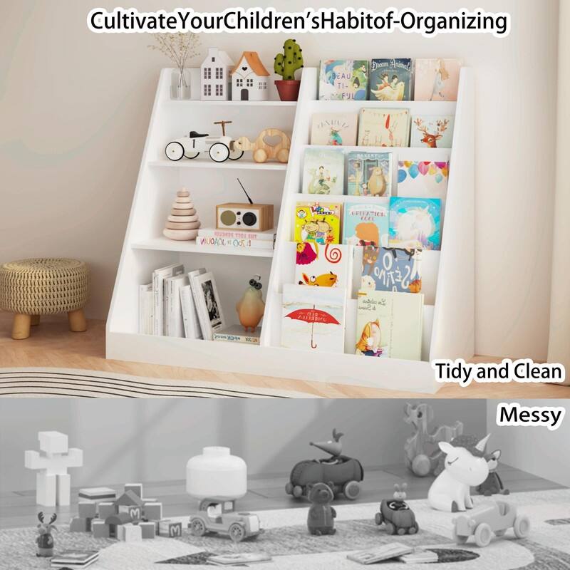 Kids Bookshelf and Toy Storage Organizer, 4-Tier Wooden Bookcase Display Shelf
