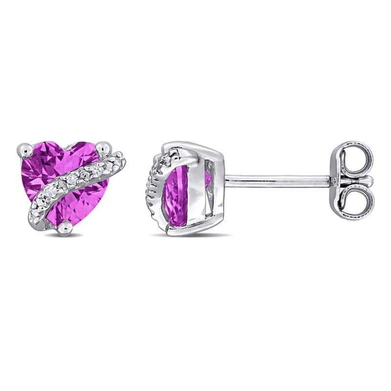 Miadora 2ct TGW Created Pink Sapphire Diamond Accent Heart Stud Earrings in Sterling Silver