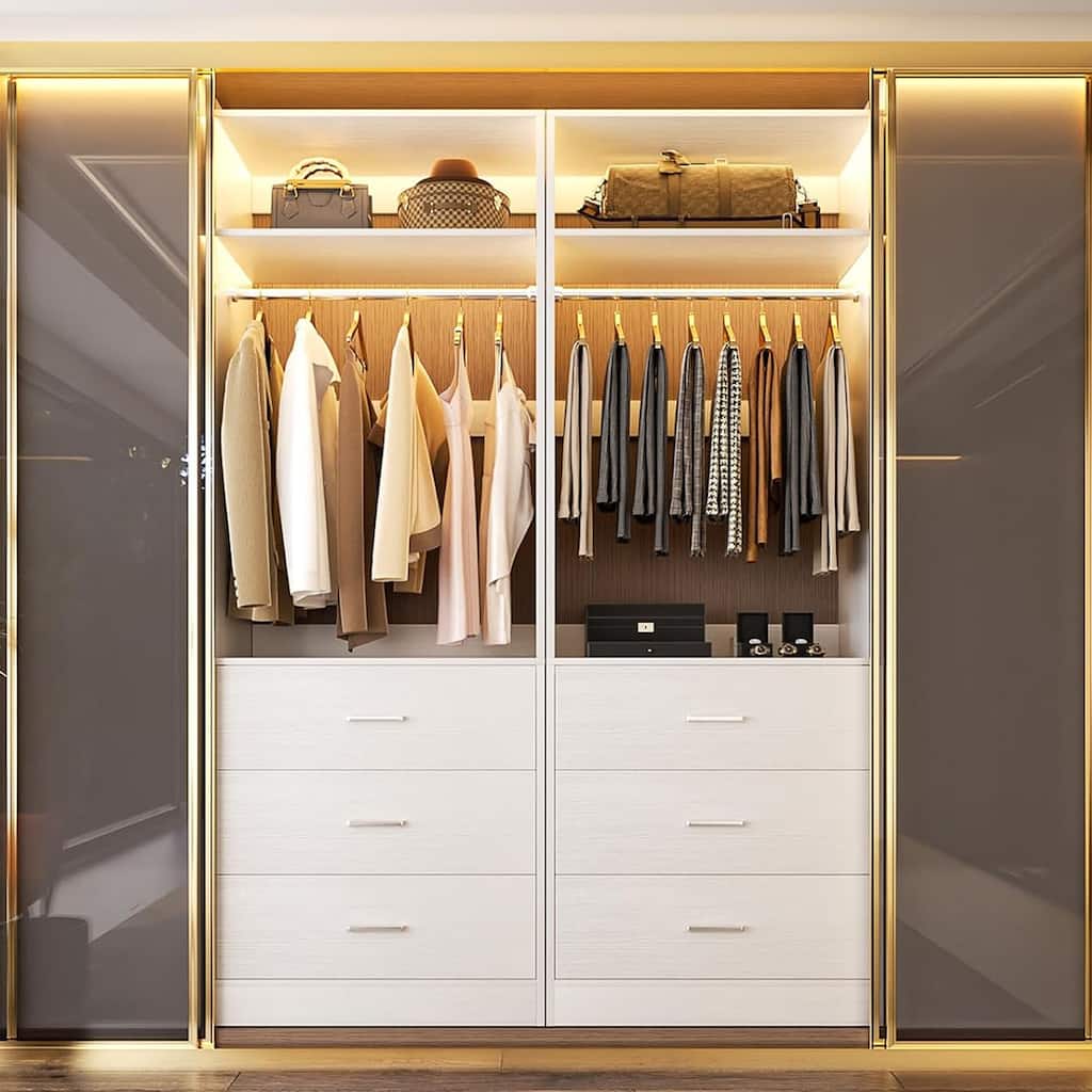 Kyrvo 24" Freestanding Closet Organizer System with Hanging Rod & Shelves,Heavy Duty Closet System with 3 Wood Drawers