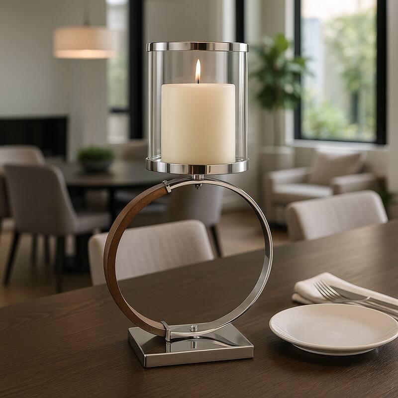 Metal Wood Candle Holder Modern Semi Ring Detail for Home Decor - 12" x 5.5" x 21.5"