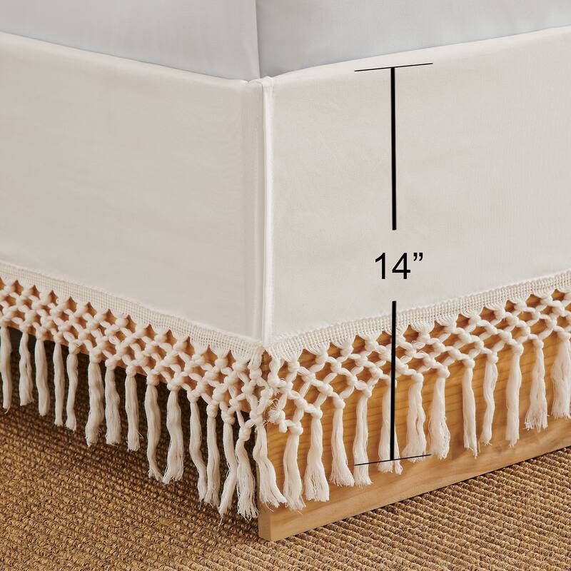 Sweet Jojo Designs Ivory Bohemian Boho Chic Queen Bed Skirt Farmhouse Minimalist Knotted Macrame Tufted Tassel Fringe Cotton