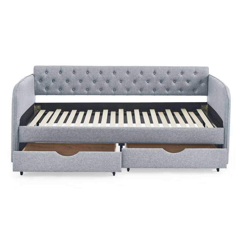 Grey Twin Size Upholstered Daybed with Trundle and Two Storage Drawers
