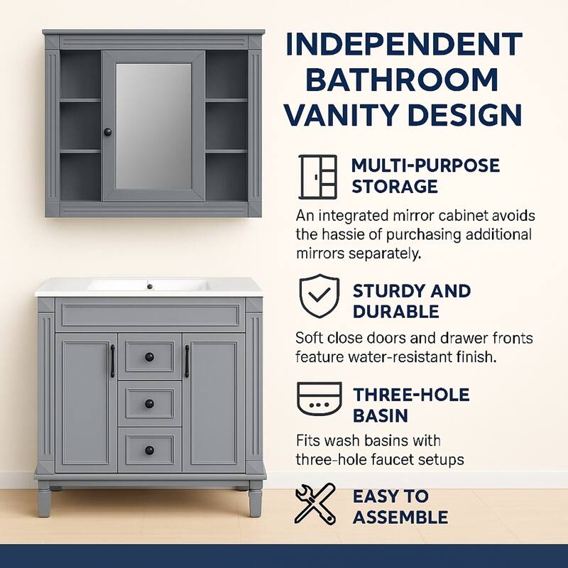30" Ceramic Sink Bathroom Vanity with Gold Handles, Soft-Close Storage & Space-Saving Design