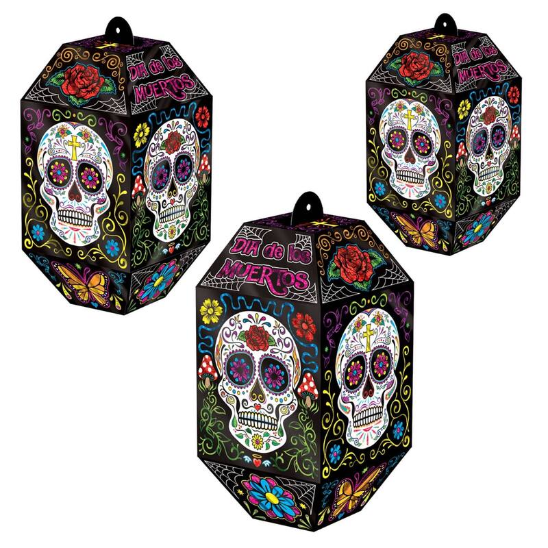 Set of 3 Vibrant Day of the Dead Paper Lanterns, 19.75"