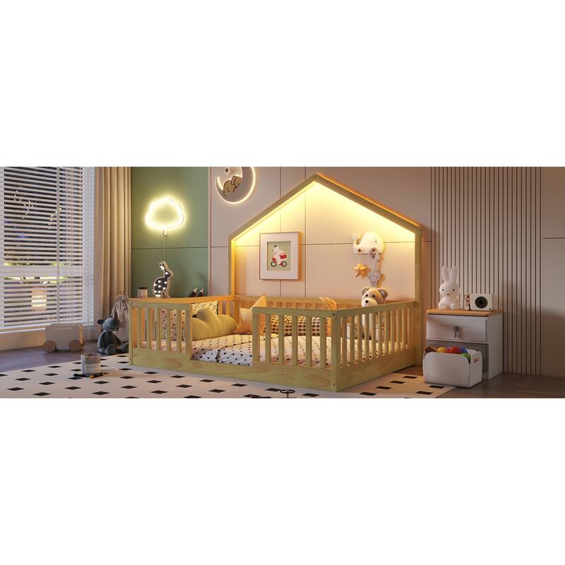 Roomfitters Twin/Full Floor Platform Bed, House Frame and LED Light with Wooden High Rails for Bedrooms or Guest Rooms