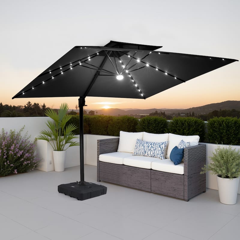 Pellebant 11X11 FT Outdoor Square Cantilever Patio Umbrella Solar LED Lighted with HDPE Base - Black
