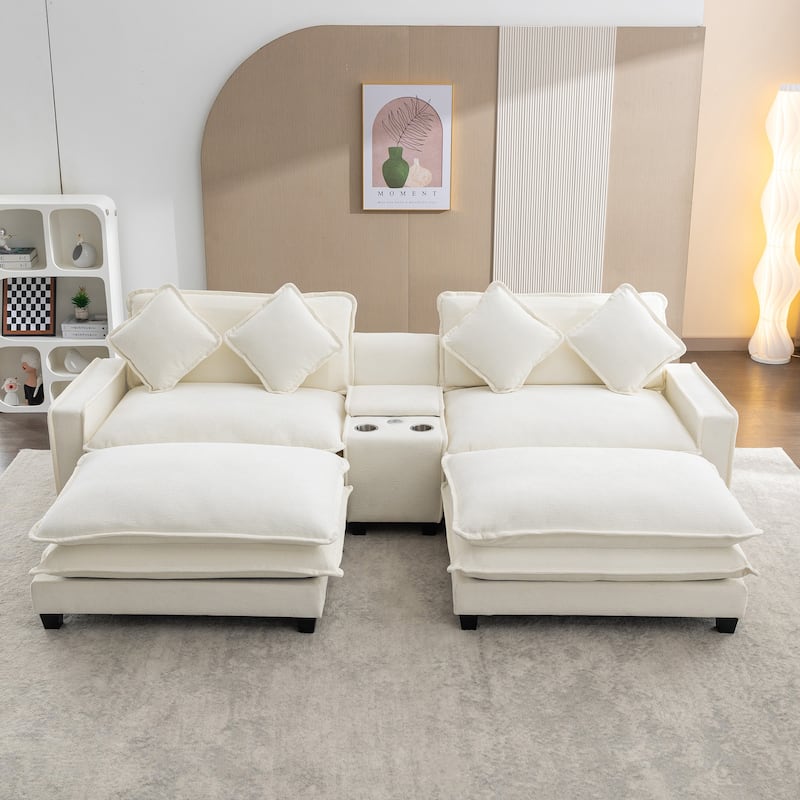 111" Beige Chenille Sectional Sofa with 2 Ottomans, 2 USB Ports, 2 Cup Holders & Storage