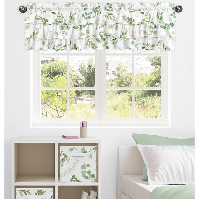 Floral Leaf Collection Window Curtain Valance - Green White Boho Watercolor Botanical Woodland Tropical Garden Tiered Ruffled