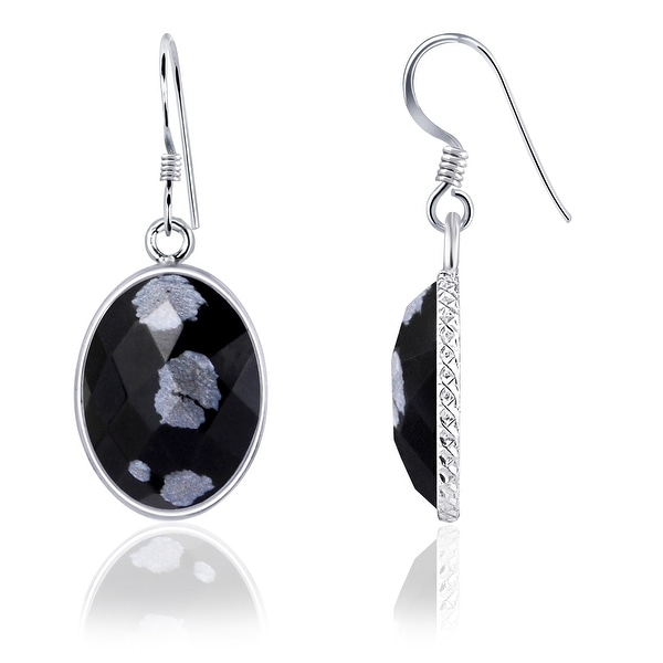 Snowflake Obsidian Sterling Silver Oval Dangle Earrings by Essence Jewelry. Opens flyout.
