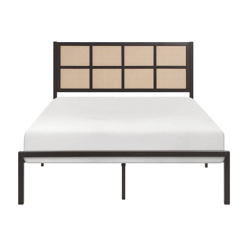 Queen Platform Bed with Faux Cane Headboard, Dark Bronze Metal Frame, No Box Spring Needed
