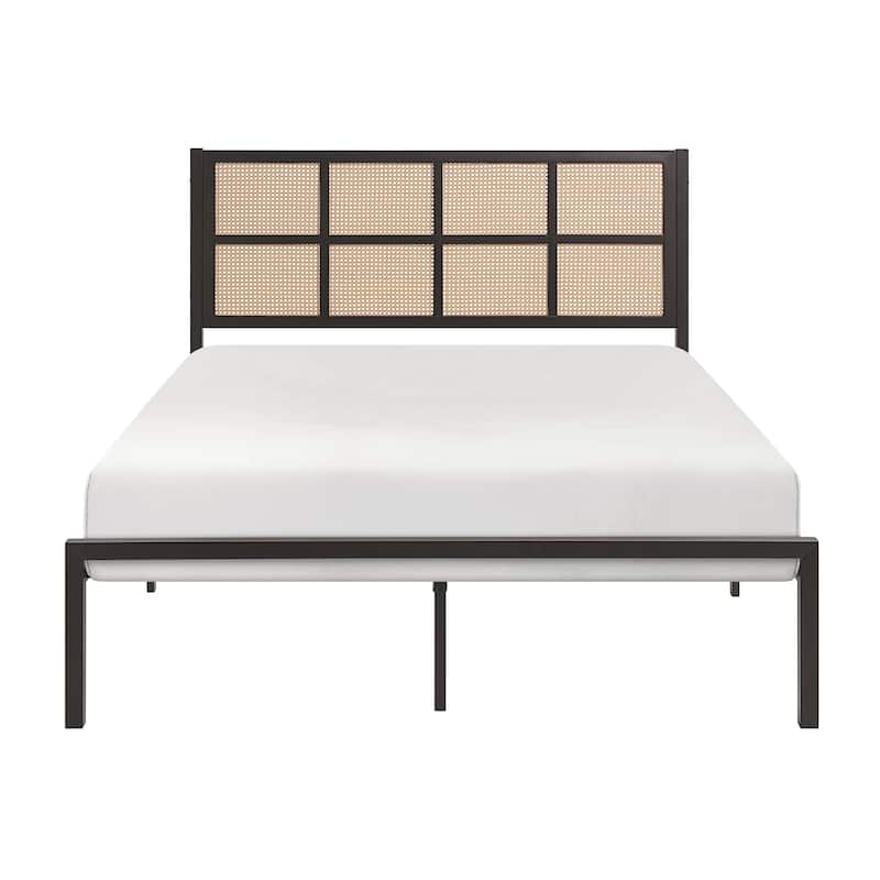 Queen Size Metal Platform Bed with Faux Cane Headboard and Coastal Style