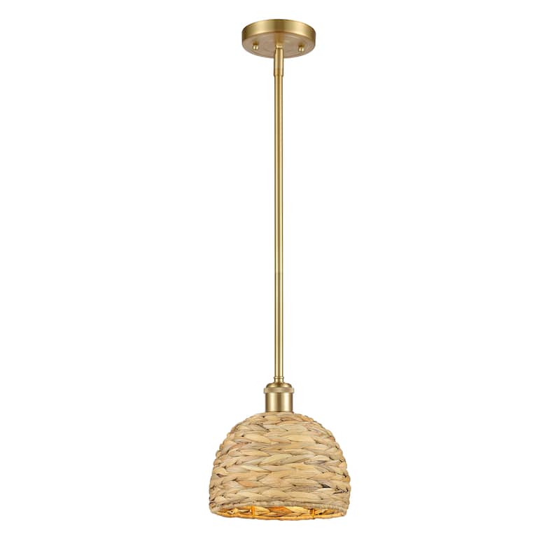 Innovations Lighting Woven Rattan - 1 Light 8" Stem Hung Pendant - Satin Gold/Natural Rattan