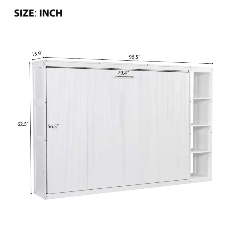 Space-Saving Full Size Murphy Bed with Bookshelf and Storage, White