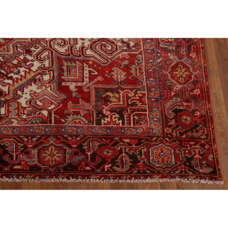 Red Geometric Heriz Persian Vintage Area Rug Hand-Knotted Wool Carpet - 9'4"x 13'5"