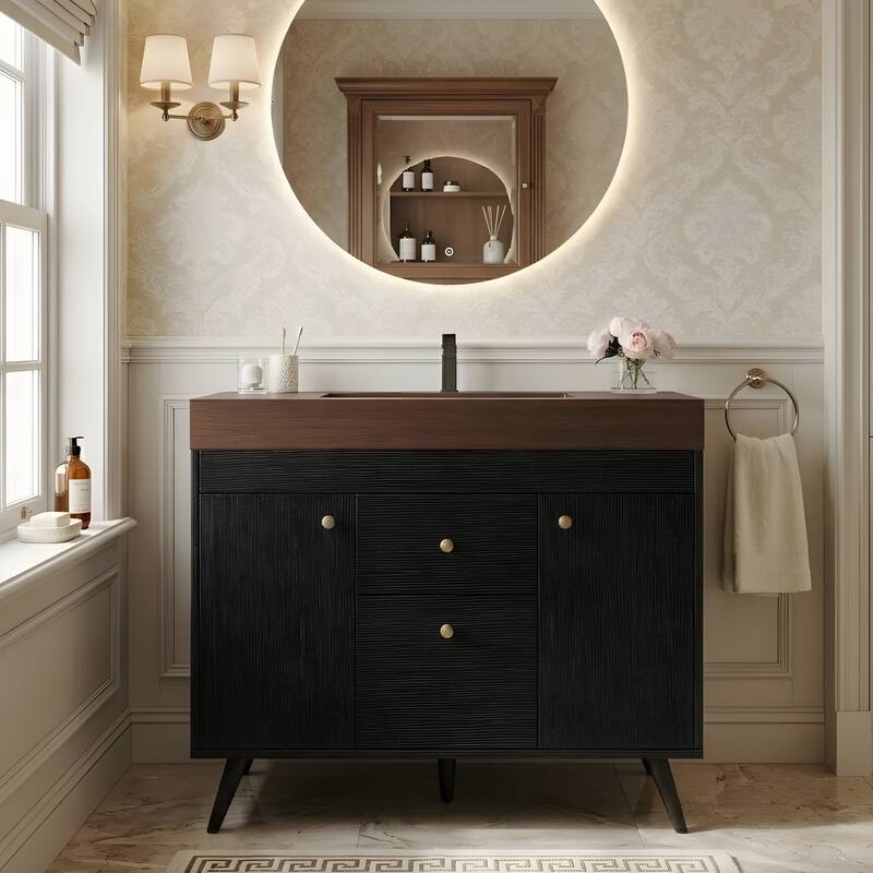 36" Modern Freestanding Bathroom Vanity with Sintered Stone Top, Ceramic Sink & Smart Storage - Black/Gold/Walnut/White