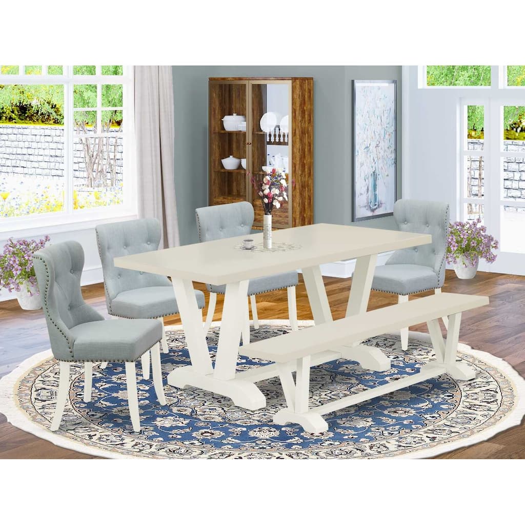 HomeStock 6-Piece Natural Oak Finish Solid Wood Top dining Table with 1-Bench and 4-Chairs