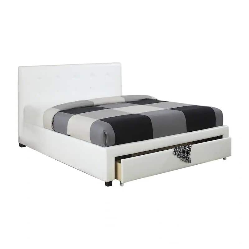 Queen Size White Upholstered Bed with Faux Leather Headboard and Under Bed Storage