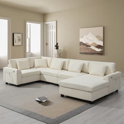 Chenille Sectional Sofa with Hidden Armrest Storage, Cup Holders, USB Charging Ports and Oversized Ottoman Chaise Lounge