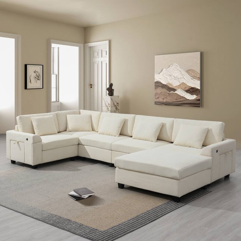 Modern U Shaped Modular Sofa with Hidden Storage and Cup Holders and Charging Ports for Living Room or Guest Room